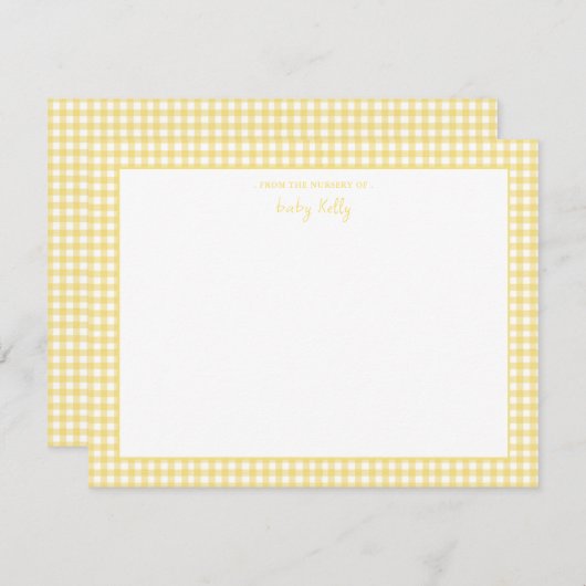 Yellow Gingham check Baby Flat Dank u Bedankkaart (Voorkant / Achterkant)