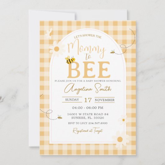 Yellow Gingham Daisy Bee Mama naar Bee Baby shower Kaart (Voorkant)