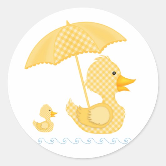 Yellow Gingham Duck, Baby shower Ronde Sticker (Voorkant)