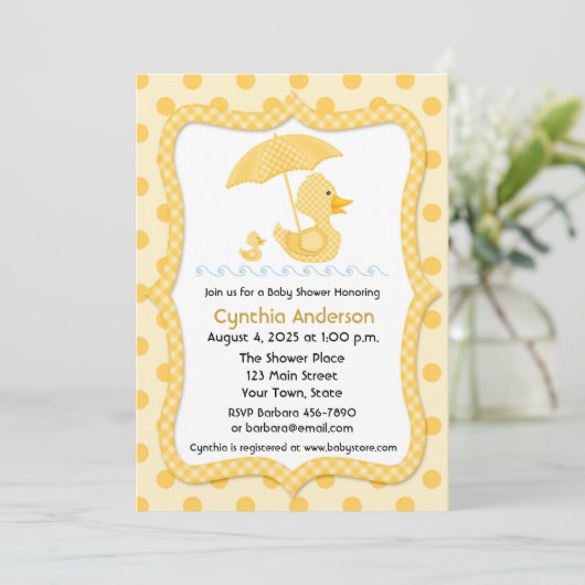Yellow Gingham Duck met paraplu, Baby shower Kaart (Staand voorkant)