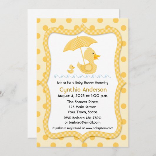 Yellow Gingham Duck met paraplu, Baby shower Kaart (Voorkant / Achterkant)