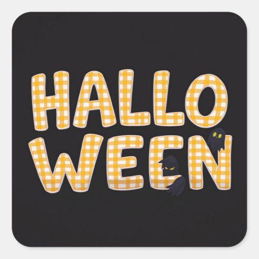 Yellow Gingham Halloween Cat Vierkante Sticker (Voorkant)