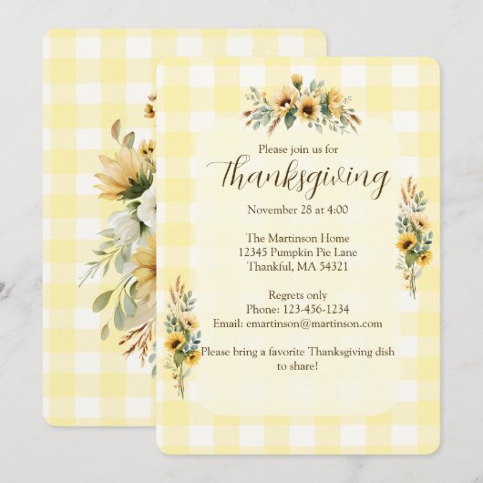 Yellow Gingham Herfst Zonnebloemen Thanksgiving Kaart (Voorkant / Achterkant)