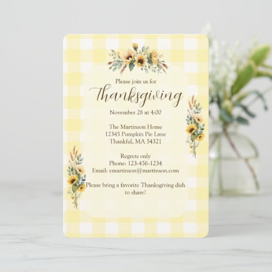 Yellow Gingham Herfst Zonnebloemen Thanksgiving Kaart (Staand voorkant)