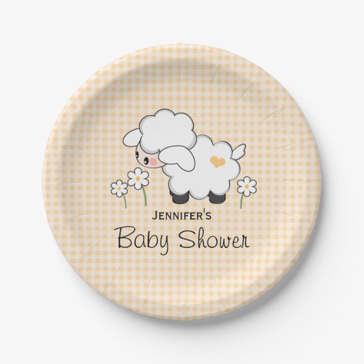 Yellow Gingham Lamb Baby shower Papieren Bordje (Voorkant)