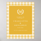 Yellow Gingham Monogram Crest Wedding Welkom Poster (Voorkant)