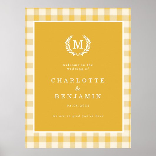 Yellow Gingham Monogram Crest Wedding Welkom Poster (Voorkant)