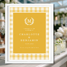 Yellow Gingham Monogram Crest Wedding Welkom Poster