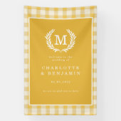 Yellow Gingham Monogram Crest Wedding Welkom Spandoek (Verticaal)