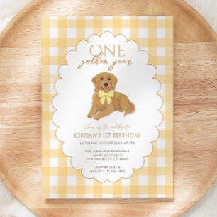 Yellow Gingham One Golden Year 1st Birthday Puppy Kaart