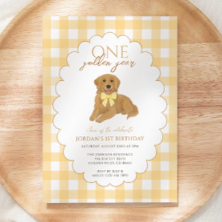 Yellow Gingham One Golden Year 1st Birthday Puppy Kaart