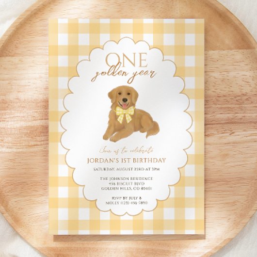 Yellow Gingham One Golden Year 1st Birthday Puppy Kaart