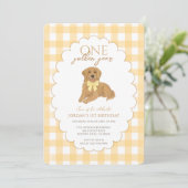 Yellow Gingham One Golden Year 1st Birthday Puppy Kaart (Staand voorkant)