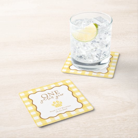 Yellow Gingham One Golden Year First Birthday Kartonnen Onderzetters (Insitu)