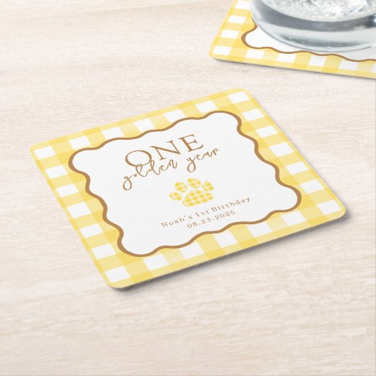 Yellow Gingham One Golden Year First Birthday Kartonnen Onderzetters