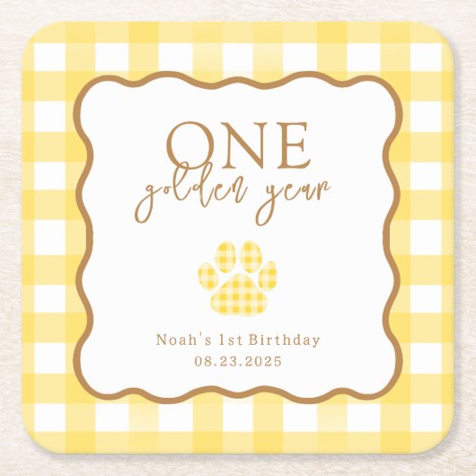 Yellow Gingham One Golden Year First Birthday Kartonnen Onderzetters (Voorkant)