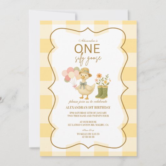  Yellow Gingham Silly Goose 1st Birthday Kaart (Voorkant)