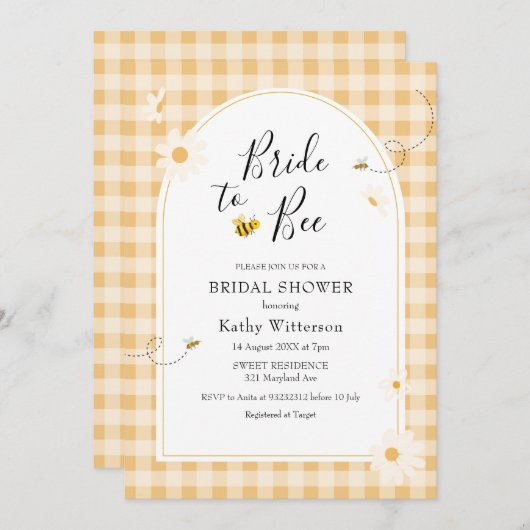 Yellow Gingham Wildflower Bride to Bee Bridal Kaart (Voorkant / Achterkant)
