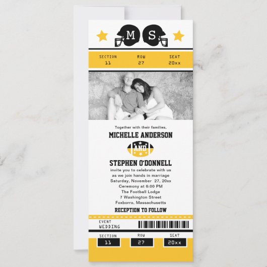 Yellow Gold Black Football Ticket Wedding Invite Kaart (Voorkant)