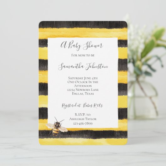 Yellow Gold Black Stripes Honey Bee Baby Shower Kaart (Staand voorkant)