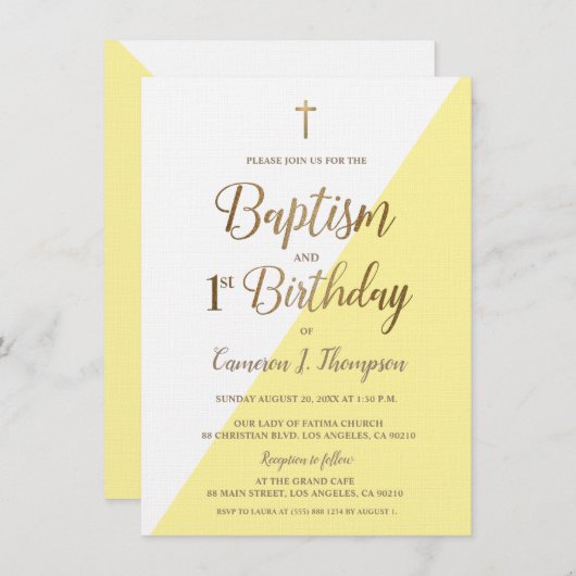 Yellow Gold Cross-Baptisme 1e verjaardag Uitnodigi Kaart (Voorkant / Achterkant)