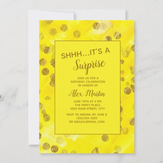 Yellow Gold Glitter Surprise Birthday Party Kaart (Voorkant)
