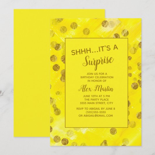 Yellow Gold Glitter Surprise Birthday Party Kaart (Voorkant / Achterkant)