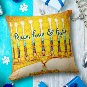 Yellow Gold Hanukkah Menorah Peace Love and Light Kussen