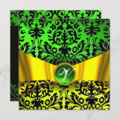 YELLOW GOLD RIBBON EMERALD BLACK DAMASK MONOGRAM KAART (Voorkant / Achterkant)