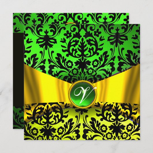 YELLOW GOLD RIBBON EMERALD BLACK DAMASK MONOGRAM KAART (Voorkant / Achterkant)