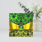 YELLOW GOLD RIBBON EMERALD BLACK DAMASK MONOGRAM KAART (Staand voorkant)