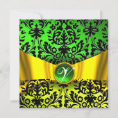 YELLOW GOLD RIBBON EMERALD BLACK DAMASK MONOGRAM KAART (Voorkant)