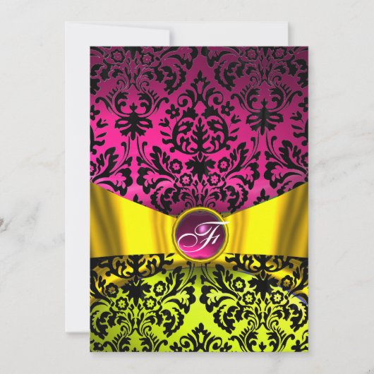 YELLOW GOLD RIBBON FUCHSIA BLACK DAMASK MONOGRAM KAART (Voorkant)