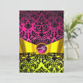 YELLOW GOLD RIBBON FUCHSIA BLACK DAMASK MONOGRAM KAART (Staand voorkant)