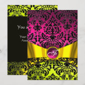 YELLOW GOLD RIBBON FUCHSIA BLACK DAMASK MONOGRAM KAART (Voorkant / Achterkant)