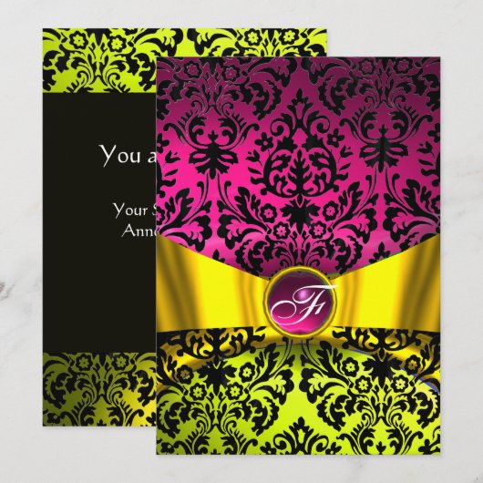 YELLOW GOLD RIBBON FUCHSIA BLACK DAMASK MONOGRAM KAART (Voorkant / Achterkant)