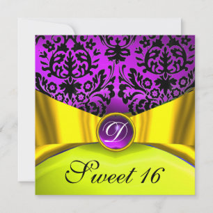 YELLOW GOLD RIBBON PAARSE BLACK DAMASK MONOGRAM KAART