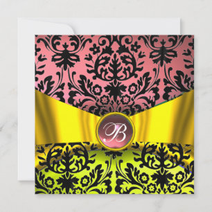 YELLOW GOLD RIBBON PINK BLACK DAMASK MONOGRAM KAART