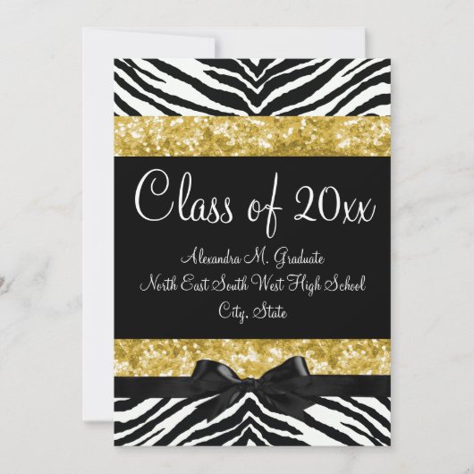 Yellow Gold Sparkle Zebra Bow Afstuderen nodigt ui Kaart (Voorkant)