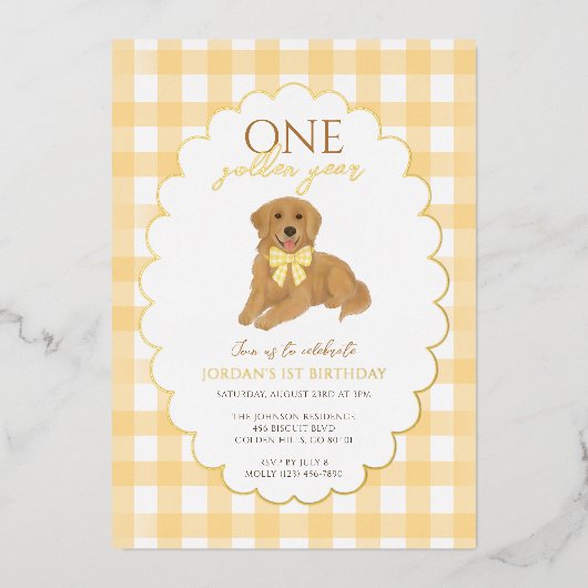 Yellow Golden Retriever Puppy Pawty 1st Birthday Folie Uitnodiging (Voorkant)