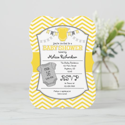 Yellow Gray Chevron Baby shower uitnodiging (Staand voorkant)