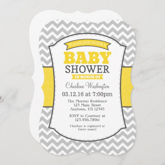 Yellow Gray Chevron Baby shower uitnodiging (Voorkant / Achterkant)