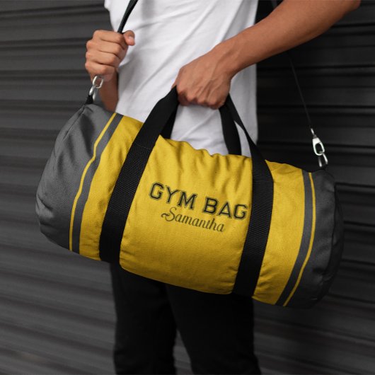 Yellow & Gray Sport Typography Gym Bag Custom Name Plunjezak