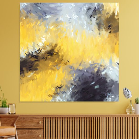 Yellow Gray White Abstract Brushstrokes Canvas Afdruk (Insitu (Woonkamer))