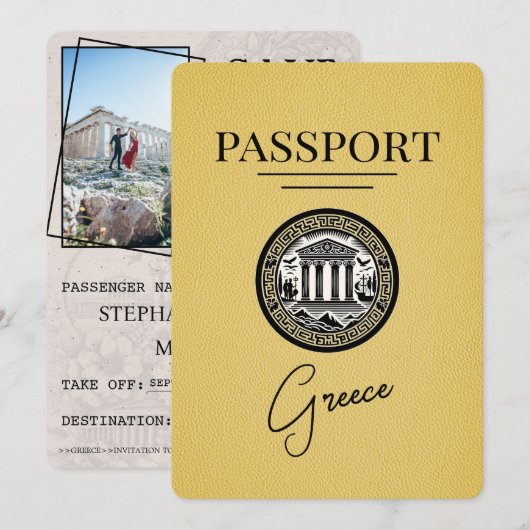 Yellow Greece Passport Save the Date Kaart (Voorkant / Achterkant)