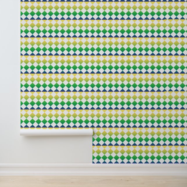 Yellow Green Blue Checker Diamond Pattern Behang (Applicatie)