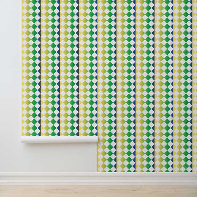 Yellow Green Blue Checker Diamond Pattern Behang (Applicatie)