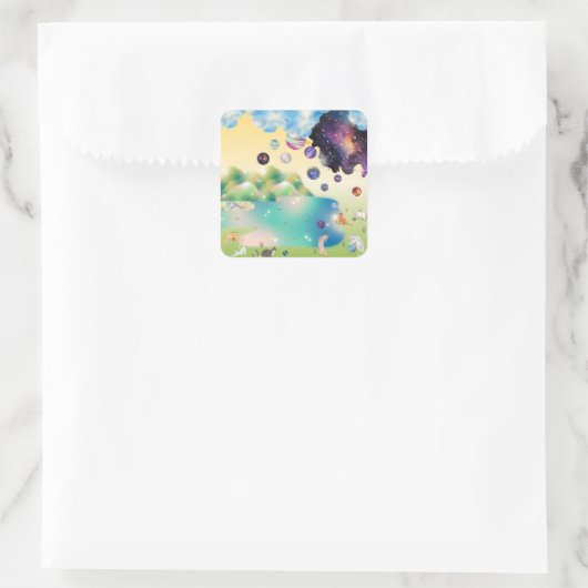 Yellow Green Blue Purple Cats Playing Planets  Vierkante Sticker (Tas)