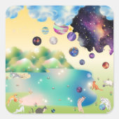 Yellow Green Blue Purple Cats Playing Planets  Vierkante Sticker (Voorkant)