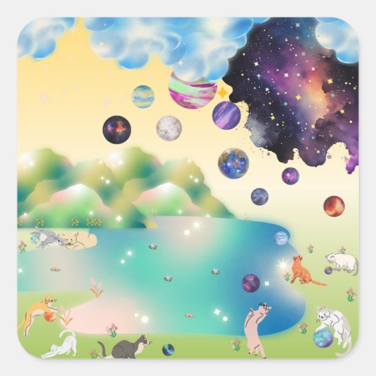 Yellow Green Blue Purple Cats Playing Planets  Vierkante Sticker (Voorkant)